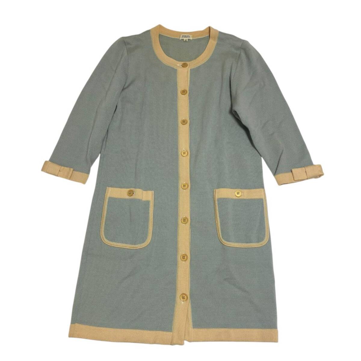 1円 FOXEY フォクシー ウール ロング カーディガン ワンピース ロゴ ボタン ブルー系 レディース サイズ40 ワンピース ライトグリーン系拍卖