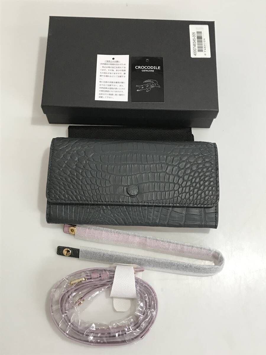 HG8835 クロコダイル お財布ショルダー ハンドバッグにも 小銭入れ カード入れ ワニ革 レザー グレー系 専用袋・箱付き 未使用品拍卖
