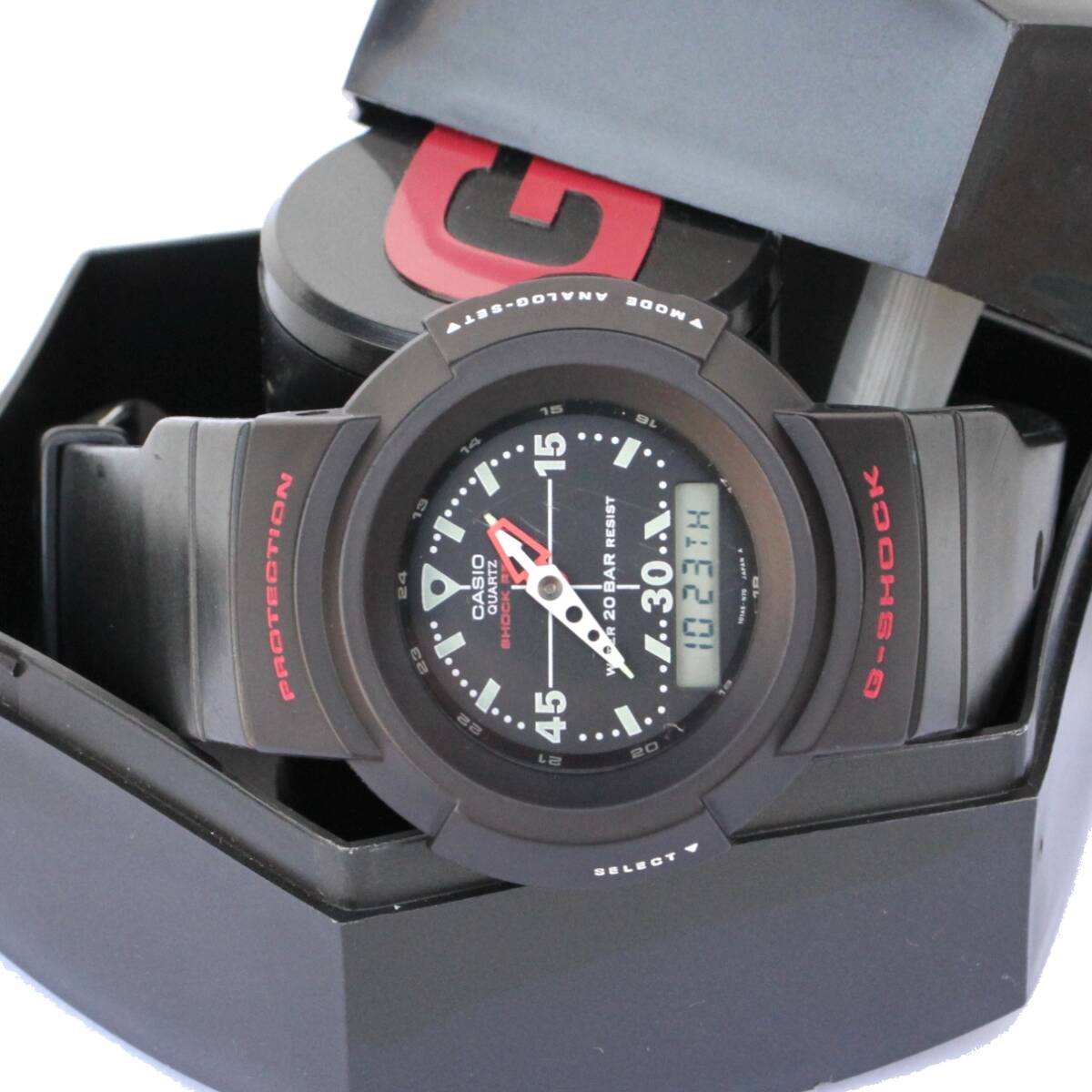 (37556)良品カスタムベゼル使用G-SHOCK AW-500-1E2Vアナログ デジアナ スクリューバック (黒赤 赤文字 海外仕様 赤ロゴ 当時物オリジナル)拍卖