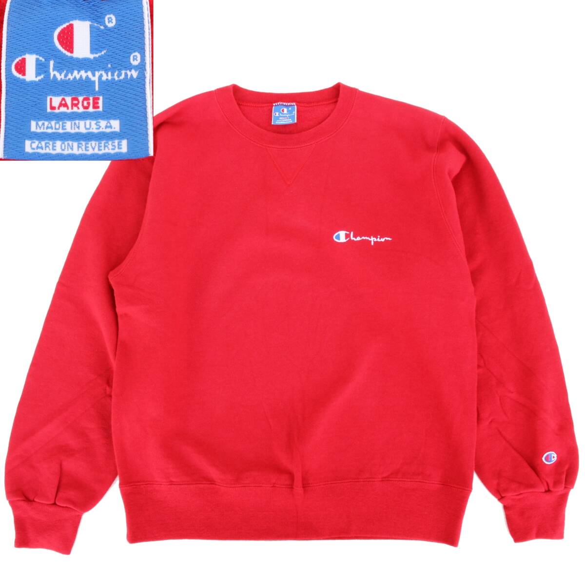 (51653)極上美品80s-90s青刺繍タグChampionチャンピオン リバースウィーブ スウェットL (MADE IN USAヴィンテージ赤レッド無地80年代90年代拍卖
