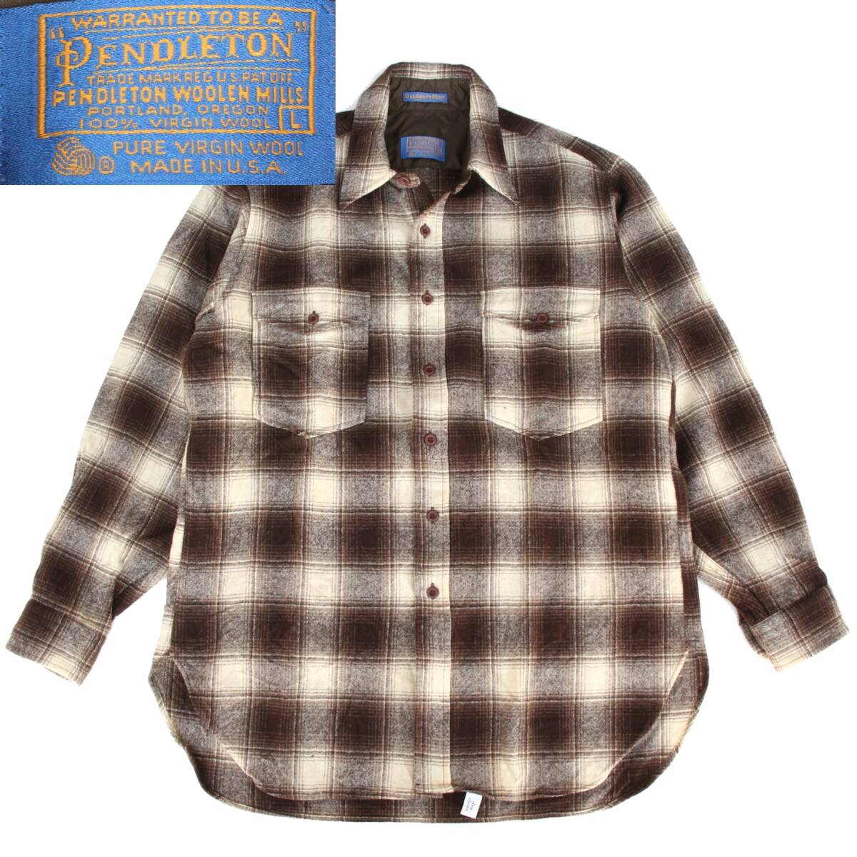 (51654)極上70s PENDLETONペンドルトンMADE IN USAウール ネルシャツL(ブラウン茶オンブレ シャドーチェック アメリカ ヴィンテージ70年代)拍卖