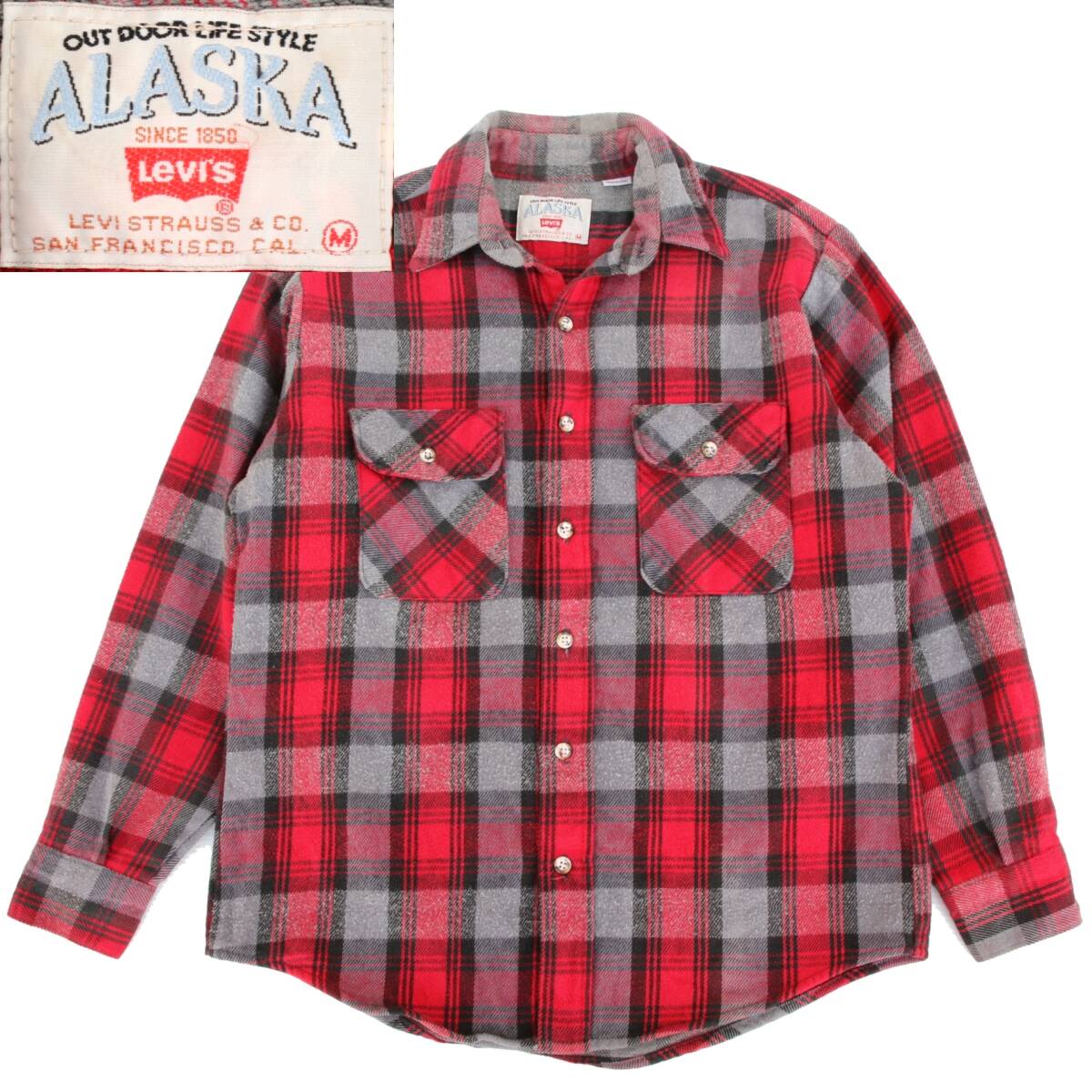(44629)良品90s LEVISリーバイスALASKAアラスカUSA製チェックシャツ ネルシャツM (アメリカ製 米国製ヴィンテージ90年代93年製 赤レッド)拍卖