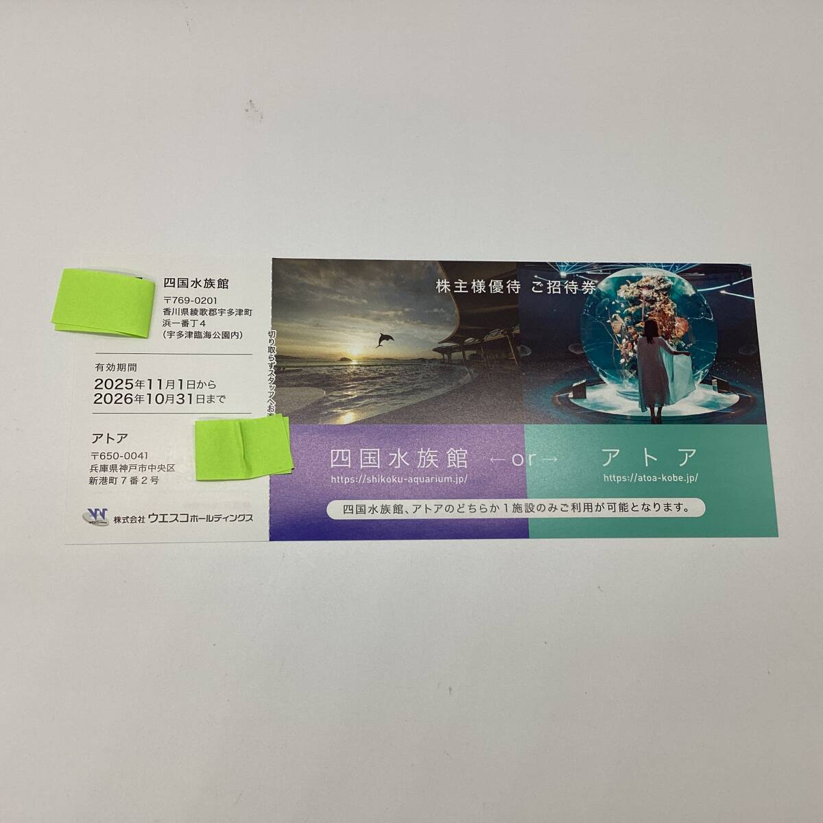 9374■ ウエスコホールディングス 株主優待 アトアor四国水族館入場券 1枚 2026年10月31日まで チケット 金券拍卖
