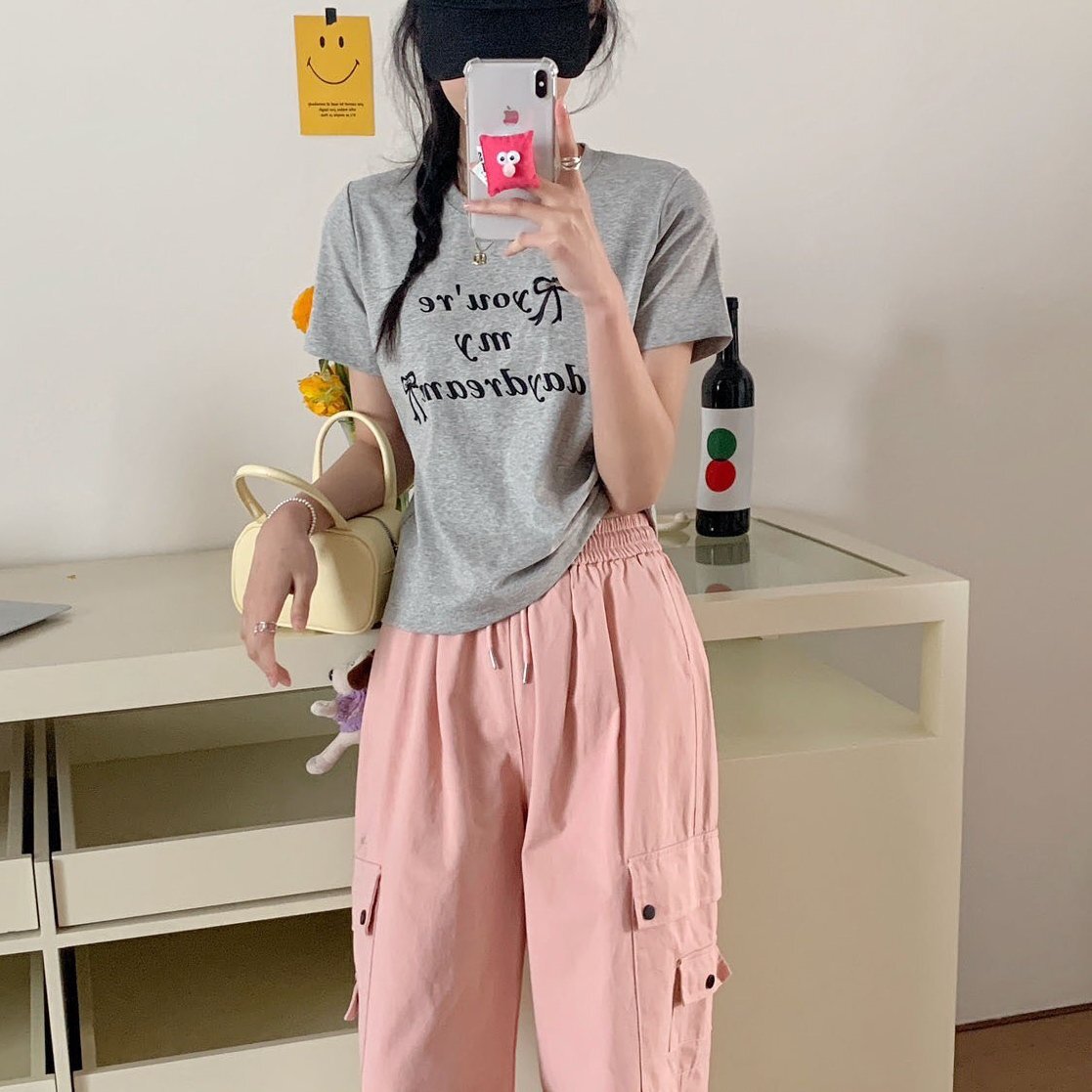 トップス Tシャツ デザイン レディース 蝶結び リボン 刺繍 韓国 フリー ライトグレー拍卖