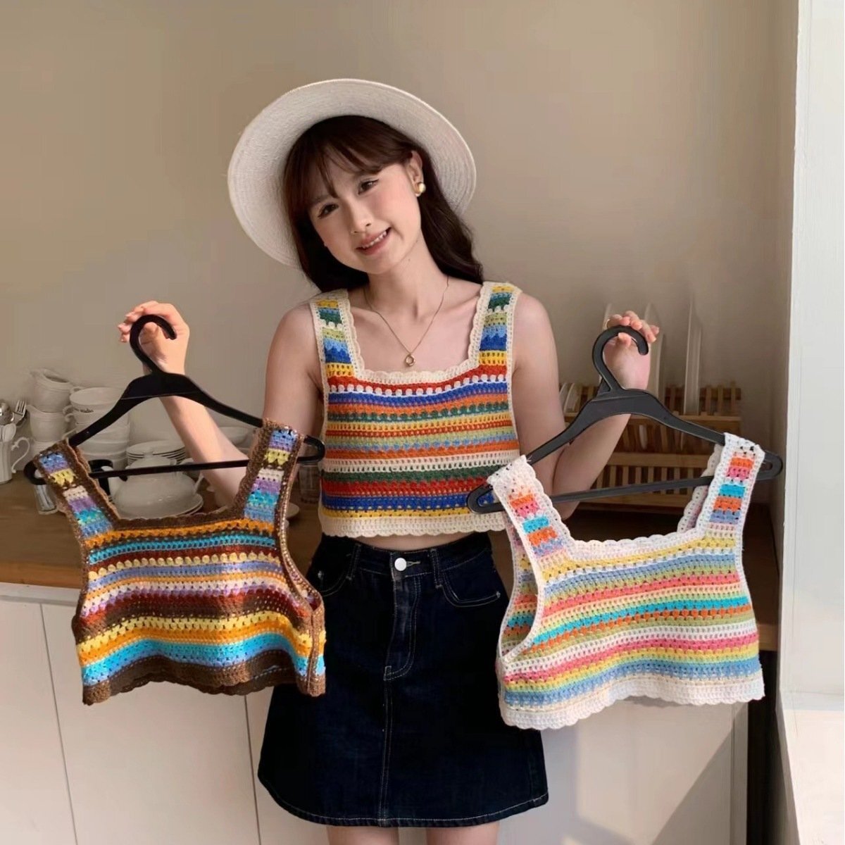 透かし編みベスト ビスチェ オシャレ デザイン ファッション 民族風 レディース フリー ホワイト拍卖