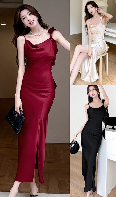 ロングワンピース ノースリーブ キャミワンピース 袖なし スリット フリル ドレス 二次会 披露宴 懇親会 S ブラック拍卖