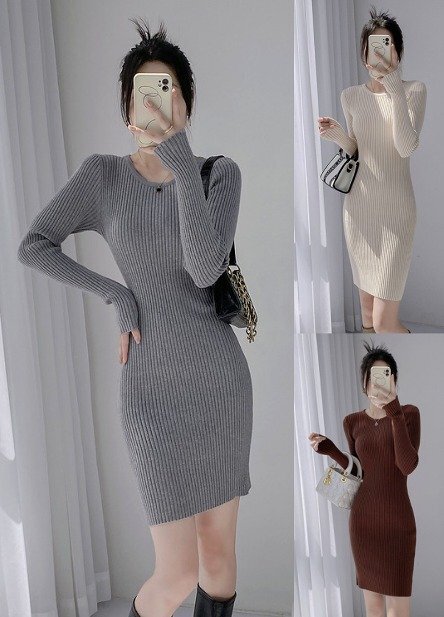 ニットワンピース 羽織り タイトスカート 長袖 スリム 着痩せ カットソー フリー ピンク拍卖