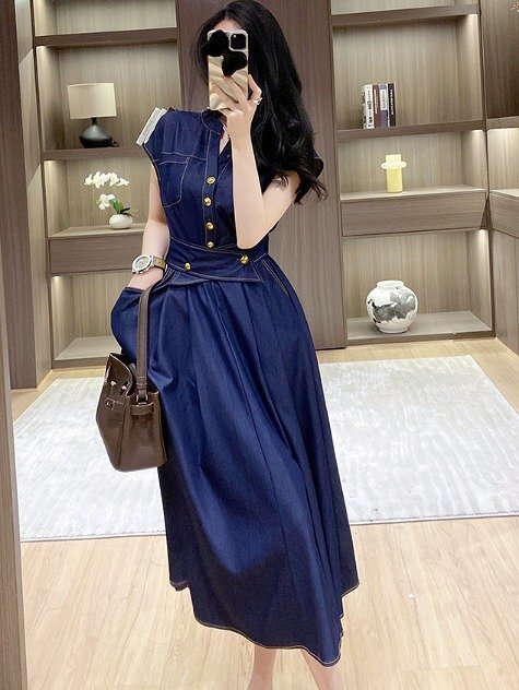 デニムワンピース ロングワンピース 半袖 フレアスカート シンプル カジュアル かわいい レディース M ブルー拍卖