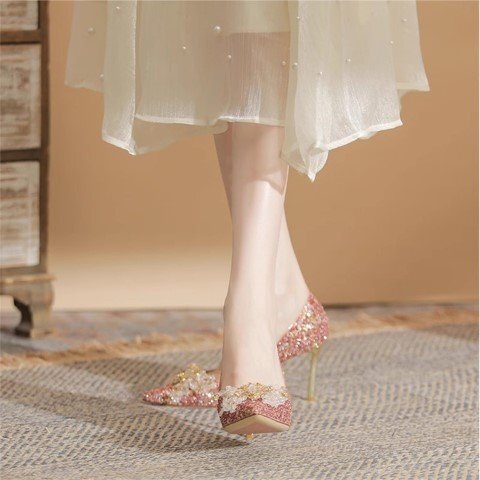 ウェディングドレス ウェディングシューズ パンプス ハイヒール 【39】24.5cm レッド(フラット)拍卖