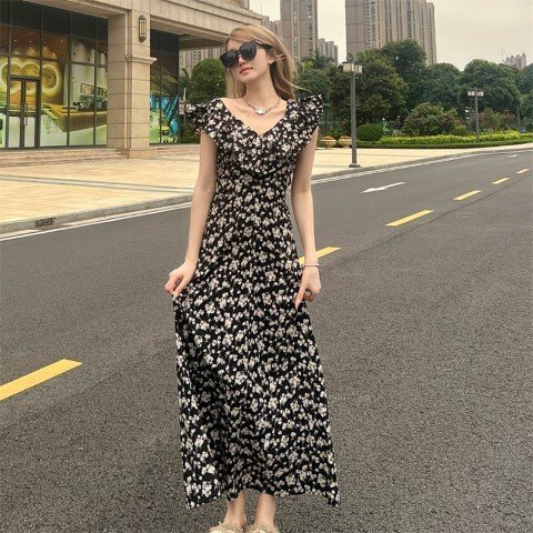 花柄ワンピース シフォンワンピース ロングワンピース Vネック XL ブラック拍卖