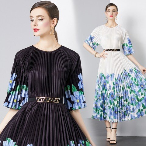 ベルト付き 華やか プリーツワンピース フリー ブラック拍卖