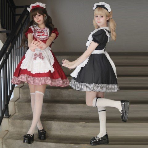 コスプレ メイド服 エプロン ロリータ クラシカル チエック柄 ハロウィン S レッド拍卖