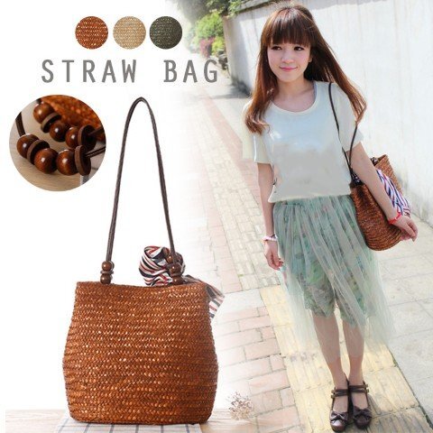 トートバッグ 麦わら風 かご風 ストローバッグ ナチュラル かわいい 大容量 軽い 夏バッグ ワンサイズ ブラウン(スカーフなし)拍卖