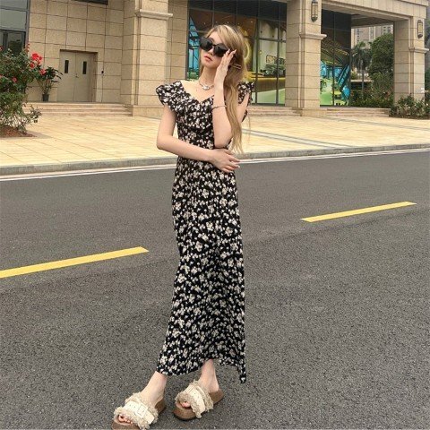 ロングワンピース フレンチスリーブ フリル袖 花柄 シンプル カジュアル お出かけ レディース 3XL ブラック拍卖