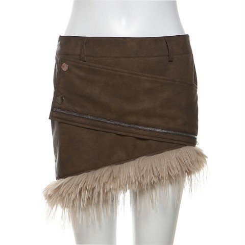 ミニスカート ショート丈スカート フェイクファー シンプル カジュアル タイト レディース S ブラウン拍卖