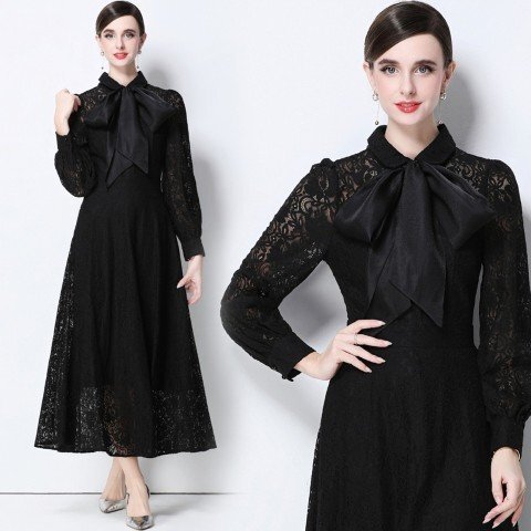 ロングワンピース 長袖 レース リボン きれいめ おしゃれ パーティー 二次会 披露宴 懇親会 M ベージュ拍卖