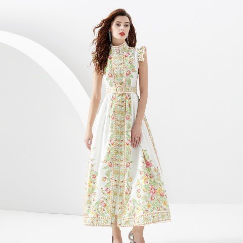 ロングワンピース ノースリーブ フリル袖 花柄 おしゃれ シンプル かわいい レディース XL ホワイト拍卖