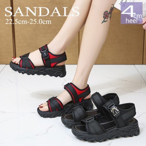 スタイルアップ スポーツサンダル 通気性 スニーカー 軽量 軽い 脚長 美脚 厚底 22.5cm(35) レッド拍卖