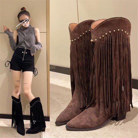 ハイブーツ ウエスタンフリンジ リベット ロングブーツ 【37】23.5cm ブラック拍卖