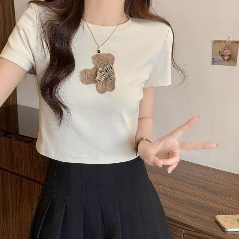 Tシャツ トップス かわいい レディース 韓国ファッション クマ L ベージュ拍卖