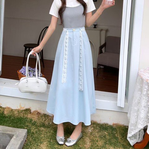 ロングスカート フリルスカート シンプル カジュアル きれいめ お出かけ レディース フリー ライトブルー拍卖