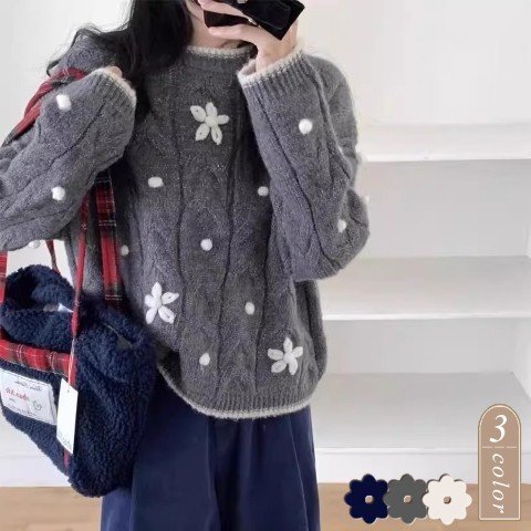 トップス ニット セーター 花柄 かわいい お出かけ レディース フリー グレー拍卖