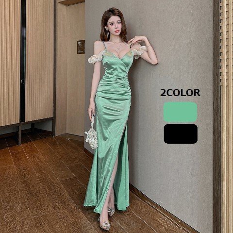 パーティー キャバドレス キャバ嬢 可愛いフリル袖 セクシーロングドレス L グリーン拍卖