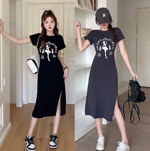 【大きいサイズL-4XL】ファッションワンピース グレー/ブラック L グレー拍卖