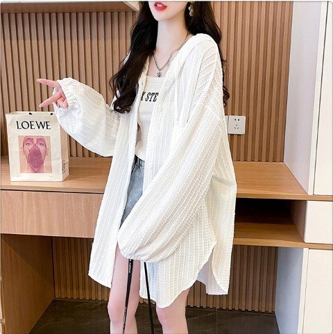 トップス アウター 羽織 長袖 シャツ ブラウス 透け感 かわいい お出かけ 冷房対策 日よけ レディース M ホワイト拍卖