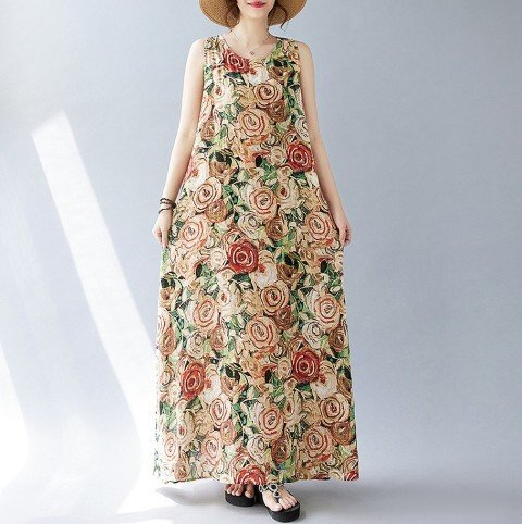 ロングワンピース ノースリーブワンピース 袖なし 花柄 かわいい マキシ丈 レディース L ピンク拍卖
