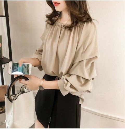 トップス 長袖 ブラウス シャツ ランタンスリーブ シフォンブラウス OL 通勤 仕事 2XL ベージュ拍卖