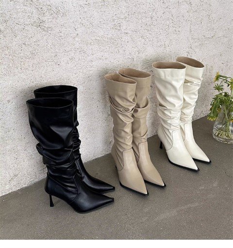 ロングブーツ ニーハイ 気質 皺 高筒 長靴 【36】23cm ブラック拍卖