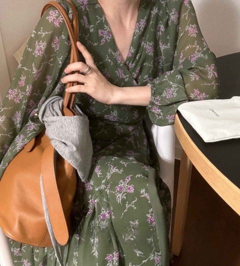 カジュアル系 Vネック chic 韓国ファッション ワンピース フリー グリーン拍卖
