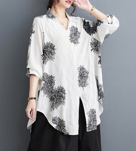 トップス シャツ ブラウス 長袖 柄シャツ 花柄 シンプル カジュアル レディース フリー ブラック拍卖