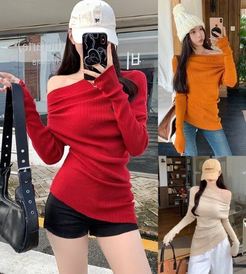 ニット アシンメトリー 切り替え スリム 着痩せ シンプル S レッド拍卖