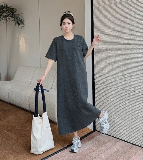 ロングワンピース 半袖 丸首 ラウンドネック シンプル カジュアル 無地 レディース XL ブラック拍卖