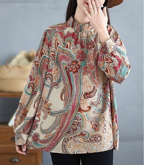 トップス 長袖 ブラウス シャツ 花柄 ボタニカル柄 ユニーク 個性派 カジュアル お出かけ レディース 2XL レッド拍卖