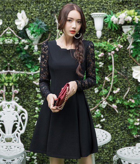 可愛いぽっちゃりさん しっかり 異素材切替 スリム効果 花柄レース切替ワンピース 3L ブラック拍卖