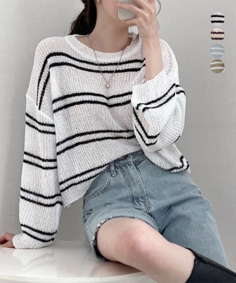 トップス 長袖 ニットトップス ボーダー柄 透かし編み 重ね着 サマーニット 薄手 レディース ワンサイズ モカ拍卖