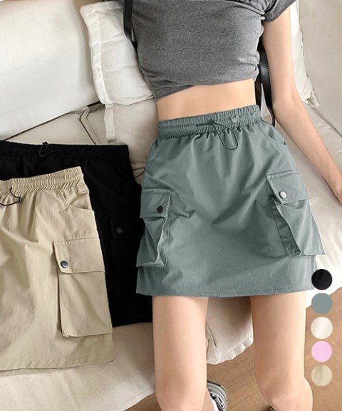 ミニスカート カーゴスカート ハイウエスト ワークスカート レディース カジュアル M ブラック拍卖