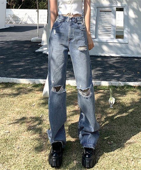 ダメージデニムパンツ ストレートデニム アメカジジーパン カジュアル レトロジーンズ S ブルー拍卖