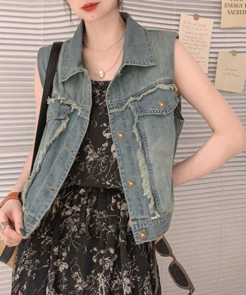 デニムジャケット ベスト デニムジレ アウター 羽織 フリンジ 袖なし Gジャン ノースリーブ チョッキ レディース M ブルー拍卖