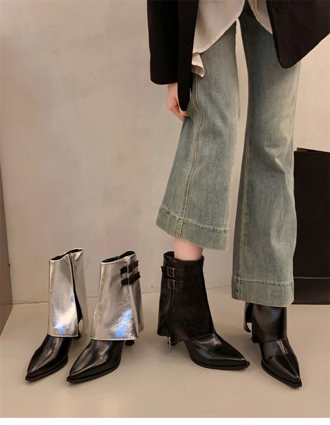 ハイヒール 短靴 足首丈 尖ったつま先 スリム脚ライン 【38】24cm ブラック拍卖