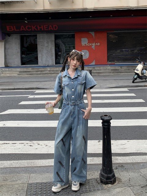 オールインワン 切り替え 体型カバー 着痩せ デニム L ブルー拍卖