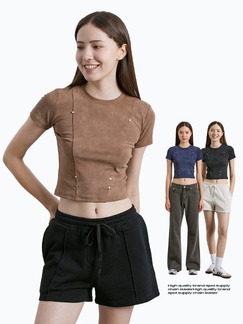 トップス シャツ 半袖 ショート丈トップス ラウンドネック シンプル カジュアル レディース M ブルー拍卖