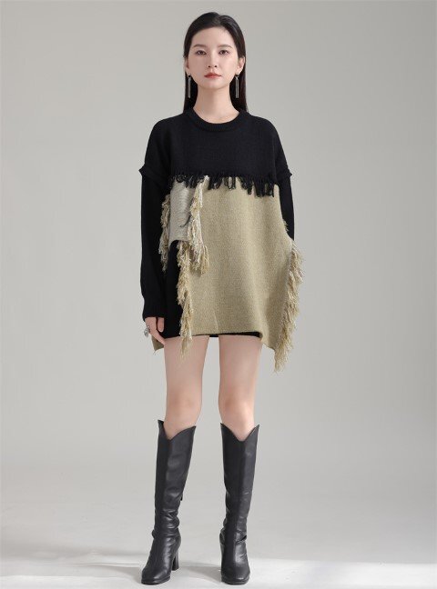 ミニワンピース 長袖 ニット トップス ロング丈 フリンジ カジュアル ユニーク 個性派 レディース拍卖