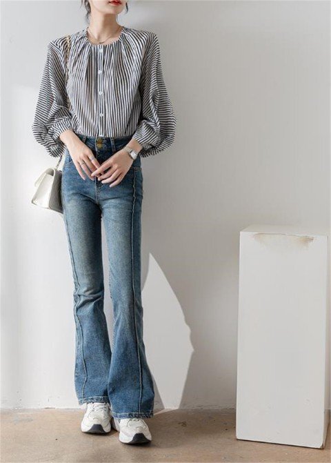 トップス シャツ ブラウス 七分袖 パフスリーブ ボーダー柄 シンプル カジュアル レトロ ラウンドネック 丸首 L ホワイト拍卖