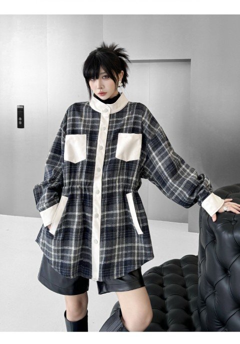 コート アウター 羽織り PUレザー ツイード 個性派 ユニーク 長袖 カジュアル フリー ブルー拍卖