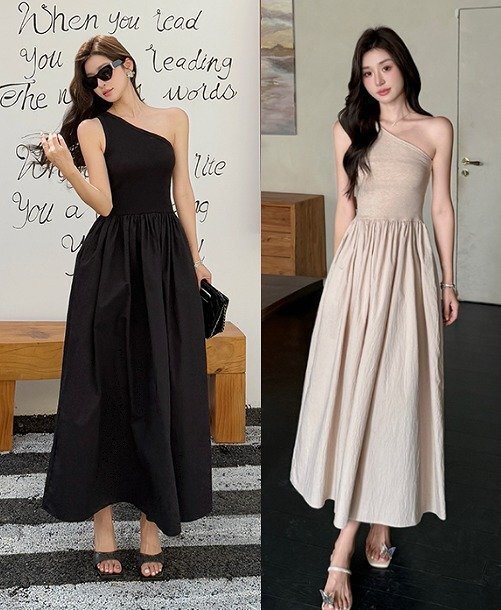 ロングワンピース ノースリーブ 袖なし フレアスカート 肩見せ シンプル パーティードレス 二次会 S ベージュ拍卖