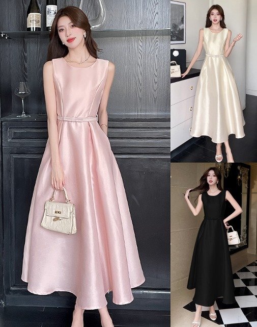 ロングワンピース ノースリーブワンピース 袖なし フレアスカート シンプル ドレス 二次会 披露宴 懇親会 L ピンク拍卖